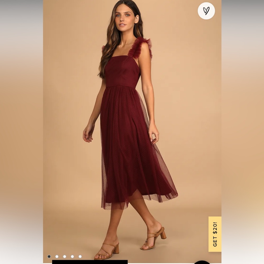 Lulus Divine Invitation Burgundy Swiss Dot Ruffled Midi Dress